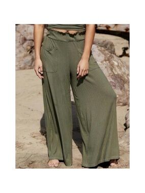 Free People Olive Green Ribbed Wide Leg Pants